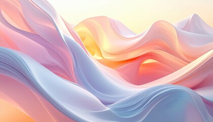 Naklejka premium Flowing abstract shapes cascade in soft pastel hues of pink, purple, orange, and blue, creating a graceful and dynamic composition.