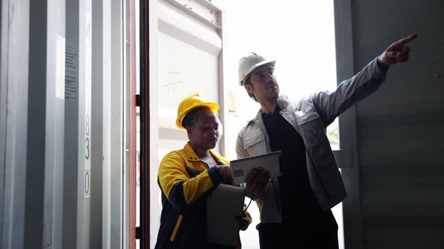 Man and woman logistics workers in high visibility safety gear discuss operations and checking container at shipping container yard