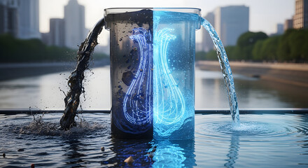 Water purification process depicted as a contrast between dirty and clean water flowing into a basin with city backdrop