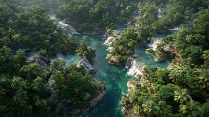 stunning aerial view of a lush verdant tropical rainforest with a winding river cascading into a series of picturesque waterfalls