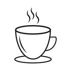 A simple black and white line drawing of a steaming cup of coffee on a saucer with a handle design.