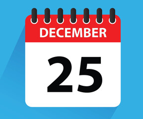December 25, calendar icon. Christmas day. Date. December 25 Calendar Leaf, Blank Calendar Template. Stationery Design. Vector Illustration