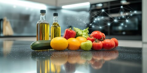 Food analysis showing molecular structure with scientific connection network over fresh vegetables and oil bottles