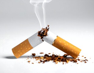 Close-up of broken cigarette with smoke, tobacco on white surface
