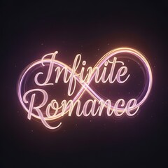 A vibrant neon sign displays the phrase 'Infinite Romance' with a glowing infinity symbol, set against a dark background creating a romantic and modern atmosphere