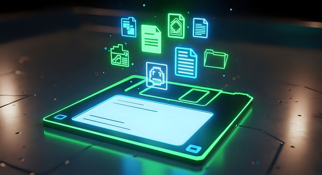 Nostalgic neon glow highlights a floppy disk with floating digital files showcasing retro data storage and vintage technology in a modern artistic rendering
