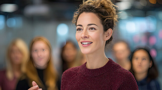 Empowered businesswoman engaging with her team, sharing ideas and fostering collaboration in modern office environment. Her enthusiasm inspires those around her