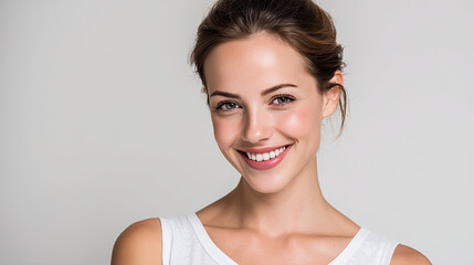woman with radiant and healthy skin smiles warmly, her natural beauty and confidence. Her bright adds cheerful touch to image