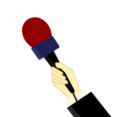 Hand holding microphone isolated on transparent background. Perfect for interview, press conference, or public speaking theme. Clean cutout object for media and communication concept.