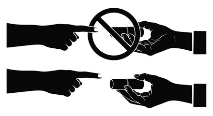 Black silhouettes of hands pointing and holding forbidden object editable stock