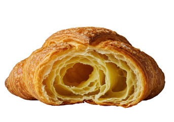 Fototapeta premium Ultra-macro of a freshly baked artisanal croissant torn open, steamy layered interior, golden crust, minimalist studio, transparent, high-contrast side lighting. Concept of gourmet pastry perfection.