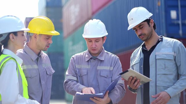 Industrial worker works with co-worker at overseas shipping container yard