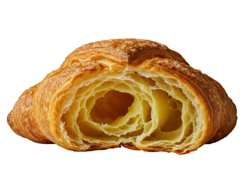 Ultra-macro of a freshly baked artisanal croissant torn open, steamy layered interior, golden crust, minimalist studio, transparent, high-contrast side lighting. Concept of gourmet pastry perfection.