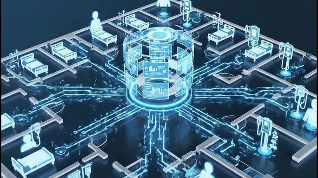 Digital hospital floor plan with patients and medical equipment in blue light