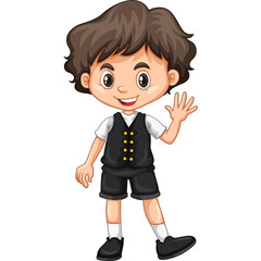 Illustration Of A Cheerful Young Boy Wearing A White Shirt Black Vest And Shorts Waving His Hand Against A Transparent Background.