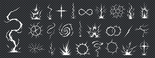Manga thunder effect set with comic bolt lightening lightning vector. Manga thunder pack includes spiral, infinity loop, crack grid and strike bg. Digital icons for vfx, game or anime asset.