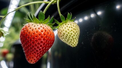 Growing Strawberries Indoors Under Lights Shows Ripe and Unripe Fruit, Perfect for Sustainable Agriculture Content, Farm to Table Marketing