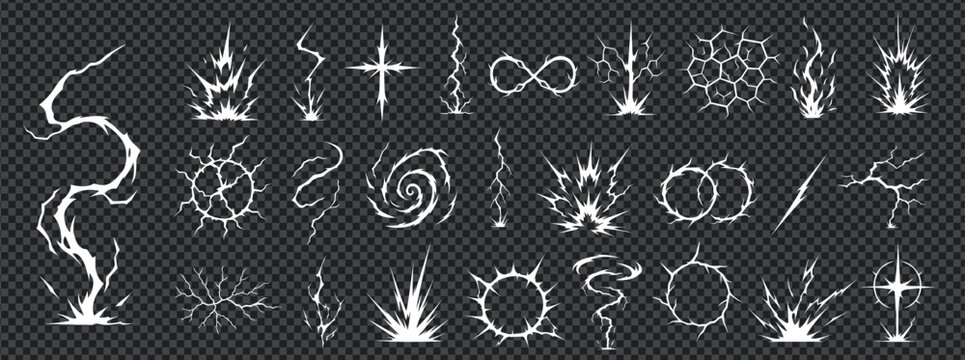 Manga thunder effect set with comic bolt lightening lightning vector. Manga thunder pack includes spiral, infinity loop, crack grid and strike bg. Digital icons for vfx, game or anime asset.