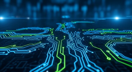 Close-up of blue and green circuit board lines illuminated on a dark surface, concept for data processing, machine learning and digital transformation