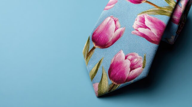 mens necktie with pink tulips on blue background copy space flat lay top view fathers day boss day mens day valentines day for holiday banner template for greeting card banner