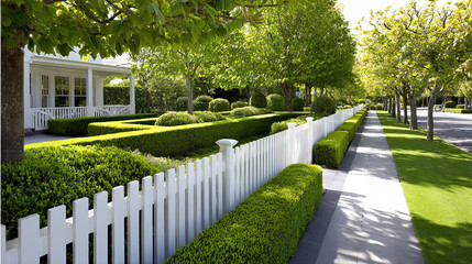 meticulously maintained residential landscape features lush green hedges, neatly trimmed bushes, and white picket fence lining well paved walkway. vibrant greenery creates refreshing