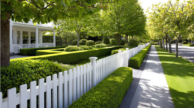 meticulously maintained residential landscape features lush green hedges, neatly trimmed bushes, and white picket fence lining well paved walkway. vibrant greenery creates refreshing
