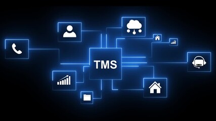 T M S cloud network connecting business icons handshake phone call growth chart human resources cybersecurity and teamwork digital concept on black baground.4k animation video. - Powered by Adobe
