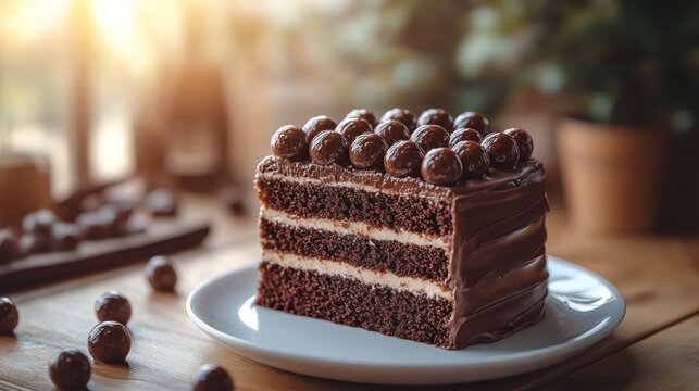 Chocolate cake slice with chocolate balls