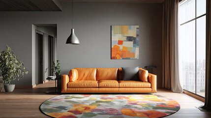 modern living room featuring orange leather sofa, colorful rug, and large windows. space is bright and stylish, perfect for relaxation and socializing