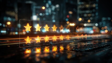 digital interface displaying glowing reviews with five stars and blurred city lights in the background