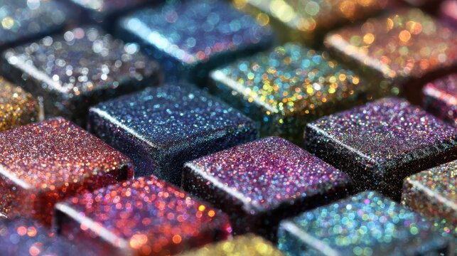 close up of colorful glittery square tiles with sparkling bokeh festive abstract mosaic background vibrant shiny cubes decorative craft detail bright party backdrop with copy space for branding