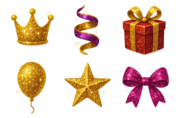 Glittery gold crown, spiral ribbon, red gift box, gold balloon, gold star, pink bow