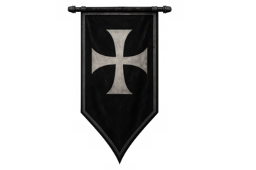 Crusader knights templar banner displaying a white cross symbol on a black medieval flag, transparent background