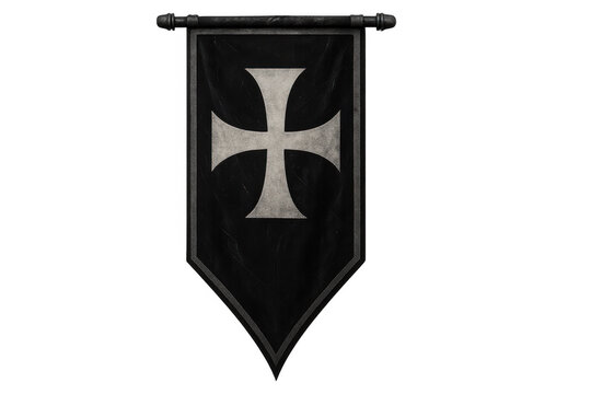 Crusader knights templar banner displaying a white cross symbol on a black medieval flag, transparent background