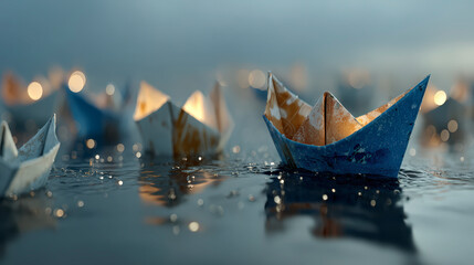 Paper boats on water at twilight with shimmering lights reflecting, creating a peaceful and magical atmosphere.