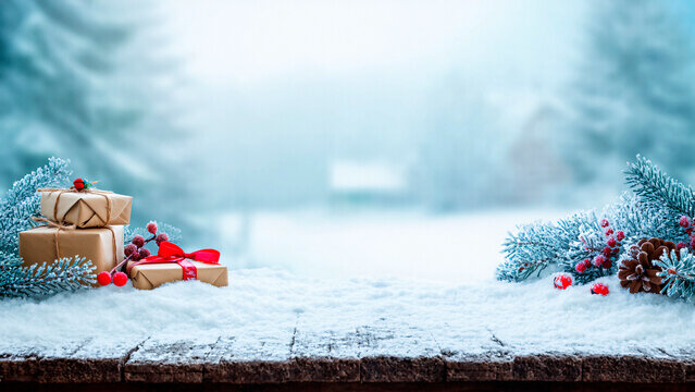 Christmas gifts and snowy fir branches on a rustic wooden table with blurred winter landscape background. holiday product display or copy space template. - Powered by Adobe