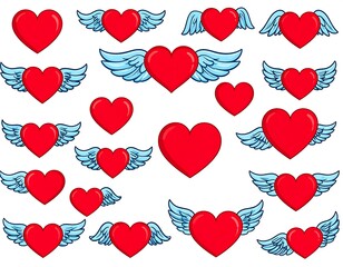 Collection of red hearts, some with blue wings, on a white background