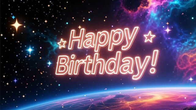 Send amazing cosmic birthday wishes with this vibrant, animated space scene perfect for social media greetings and personalized birthday cards