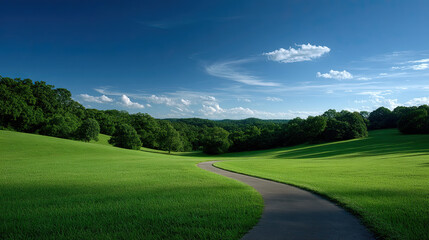 winding path meanders through vast expanse of lush green grass under bright blue sky, creating picturesque landscape that invites exploration and ity
