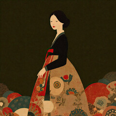 woman in traditional Korean Minhwa style attire stands gracefully against dark background, surrounded by colorful floral patterns. artwork s cultural heritage and elegance