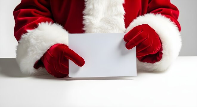 Santa Claus Hands Holding Blank Paper Christmas Mockup on Clean White Studio Background