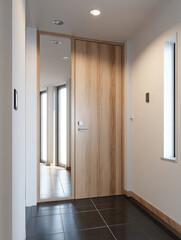 wooden door with mirror in modern hallway, featuring sleek design and natural light. space feels open and stylish, perfect for living