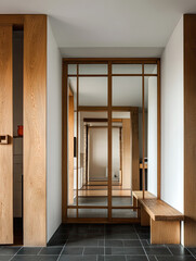 wooden door with mirror in modern hallway creates stylish entryway. warm wood tones and sleek design enhance overall aesthetic of space