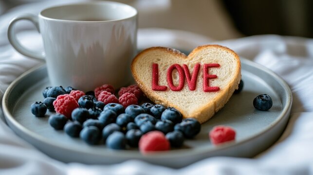Heart-shaped bread with love text on plate with blueberries