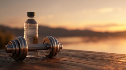 fitness at sunset dumbbell and water bottle on wooden table