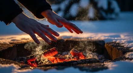Hands warming over firepit in winter landscape with snow  
