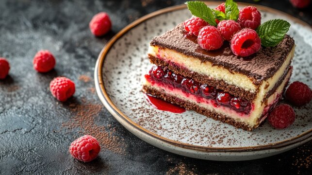 Chocolate raspberry layered cake slice on plate