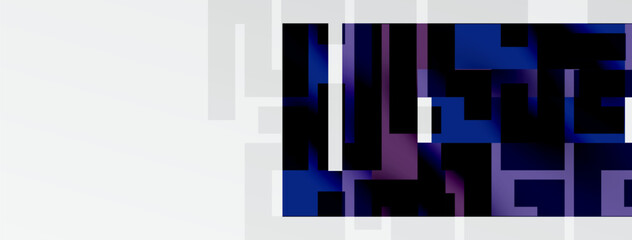 Fototapeta premium Abstract pixelated image. Dark blues, purples dominate composition. White space present on left side. Geometric shapes visible.
