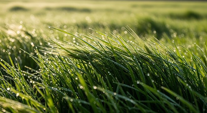 Macro shot of dew drops on vibrant green spring grass blades glistening in soft morning sunlight - Powered by Adobe