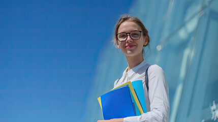 young woman, around 25 years old, stands confidently outdoors, holding colorful folders against bright blue sky. Her glasses and casual attire professional yet approachable demeanor